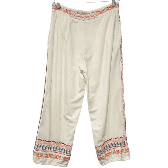 Anthropologie Ivory Islander Embroidered Straight Leg Cropped Pants 2 Boho Beach - Picture 3 of 10